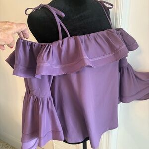 LIKELY Purple Off Shoulder Self Ruffle Swing Blouse. NWT! Ties at shoulder! Sm